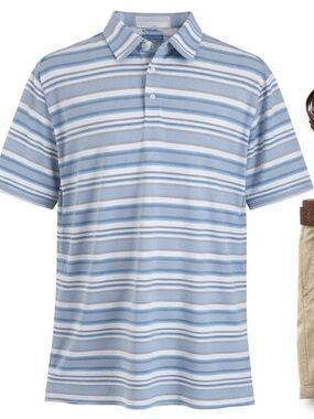 Peter Millar Blue White Striped Polo Shirt Performance Golf L